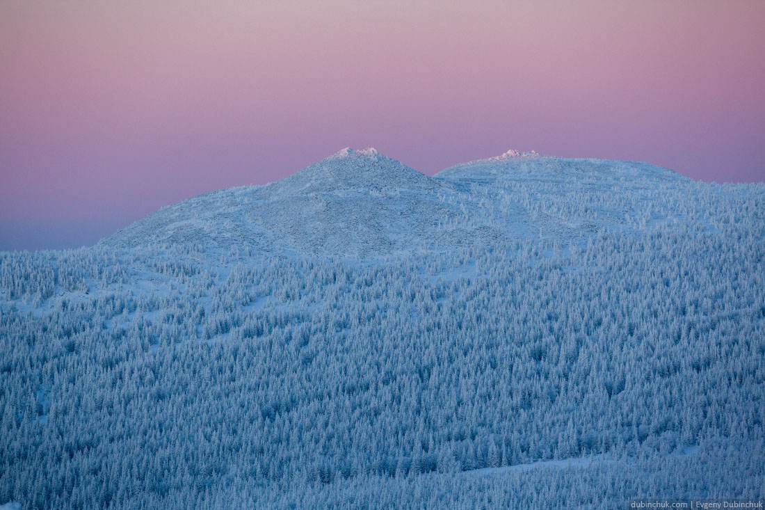 Фиолетово-розовый закат зимой на Урале. Вид на Малый Иремель