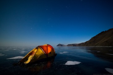 Tent on ice of lake Baikal