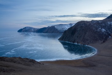 Ice of lake Baikal in winter from above