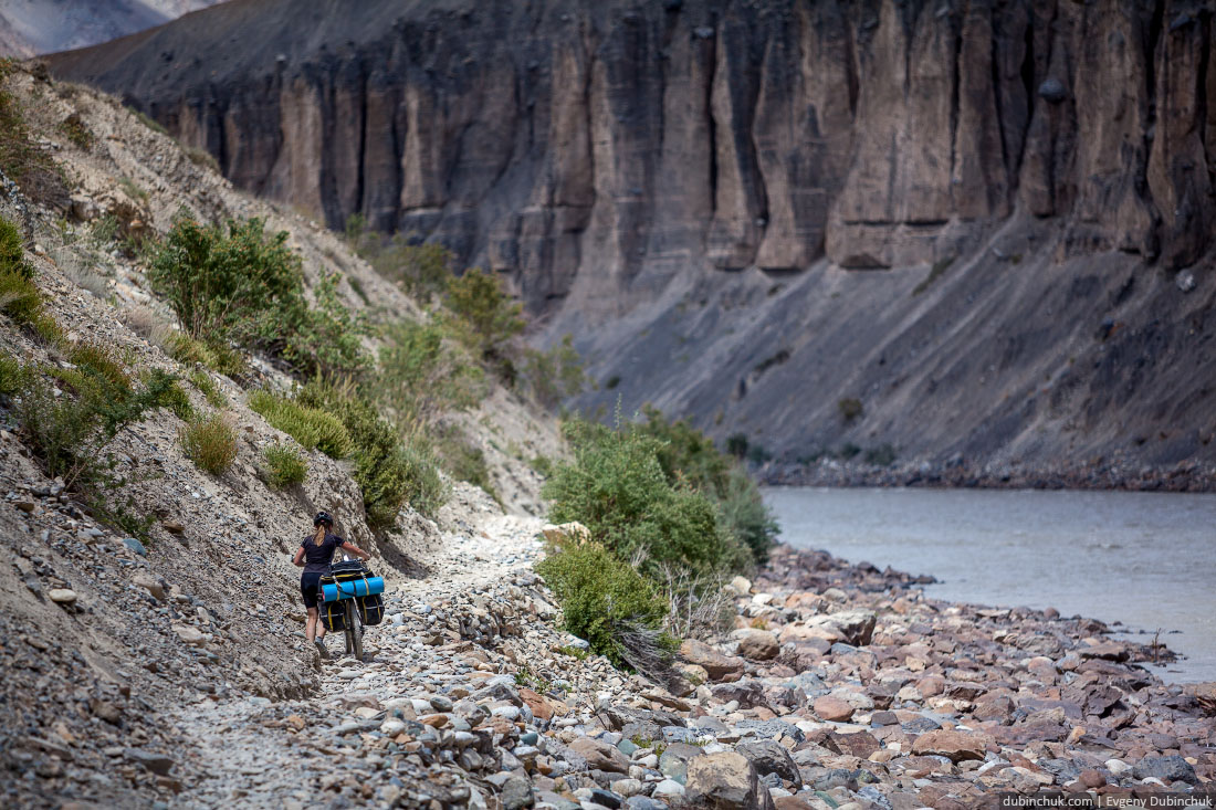По каменистой тропе вдоль реки Занскар на велосипедах