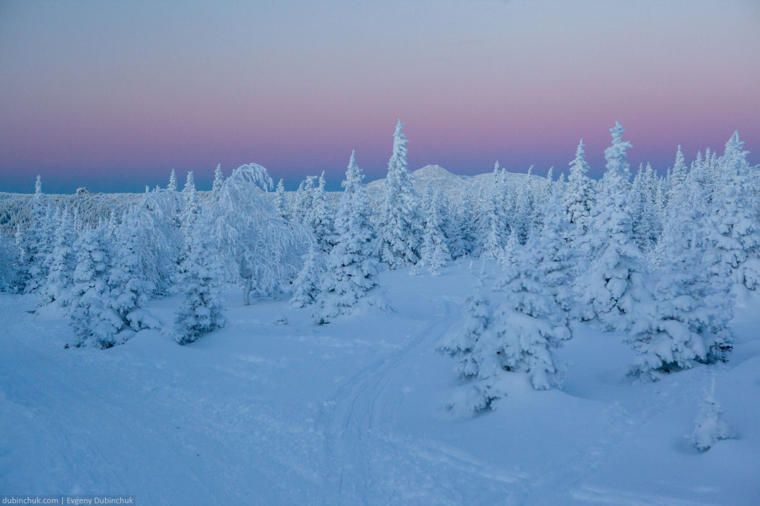 Закат в горах Южного Урала зимой