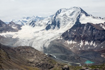 Glacier and love-shaped lake near Ala-Kul lake. Tien Shan, Kyrgyzstan