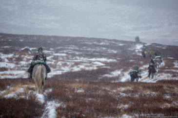 Hunters riding horses in Altai republic